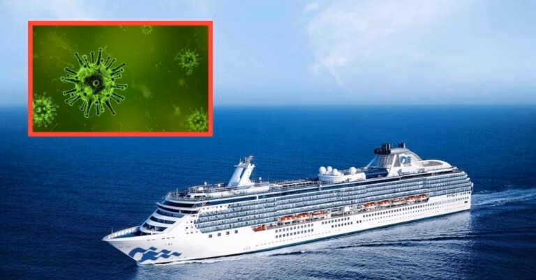 A large cruise ship bound for a Panama Canal cruise sails on a calm ocean under a clear blue sky. An inset in the upper left corner reveals a green microscopic view of a virus with spiky protrusions, possibly hinting at Norovirus concerns or CDC health updates connected to the journey.