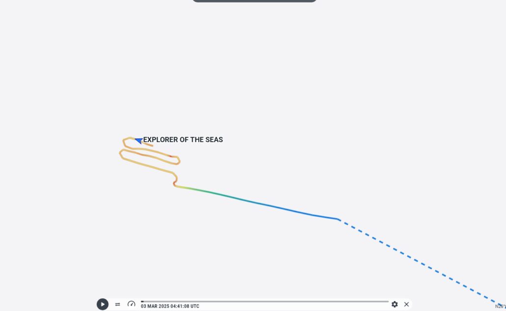 A map illustrates the path of a ship labeled "Explorer of the Seas" with a multicolored route over a white backdrop. A time control bar at the bottom marks "10 Mar 2023 16:41:00 UTC," amidst an 80s-themed cruise. A note mentions someone was reported overboard during this voyage.