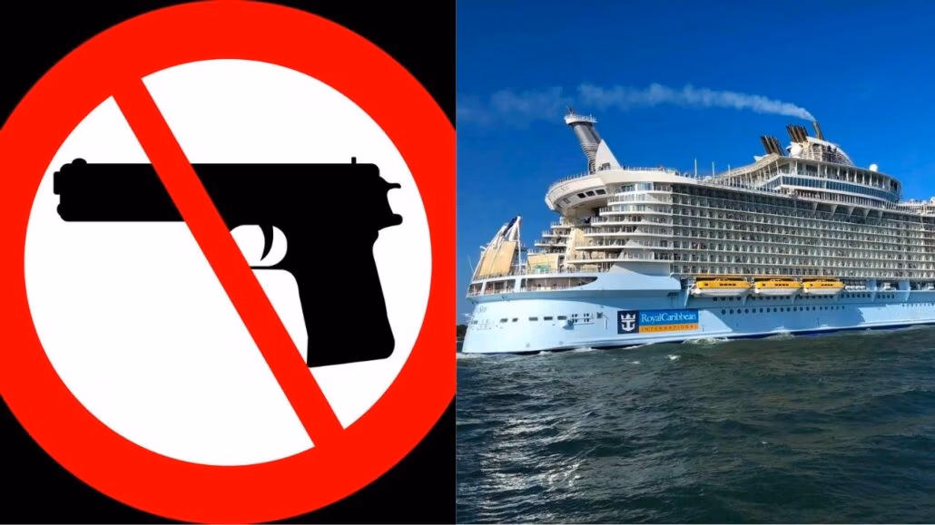 A graphic on the left displays a handgun symbol crossed out in red, indicating no guns allowed. On the right, a large cruise ship labeled "Royal Caribbean" sails near Aruba. A recent passenger arrest involved an illegal firearm being brought aboard.