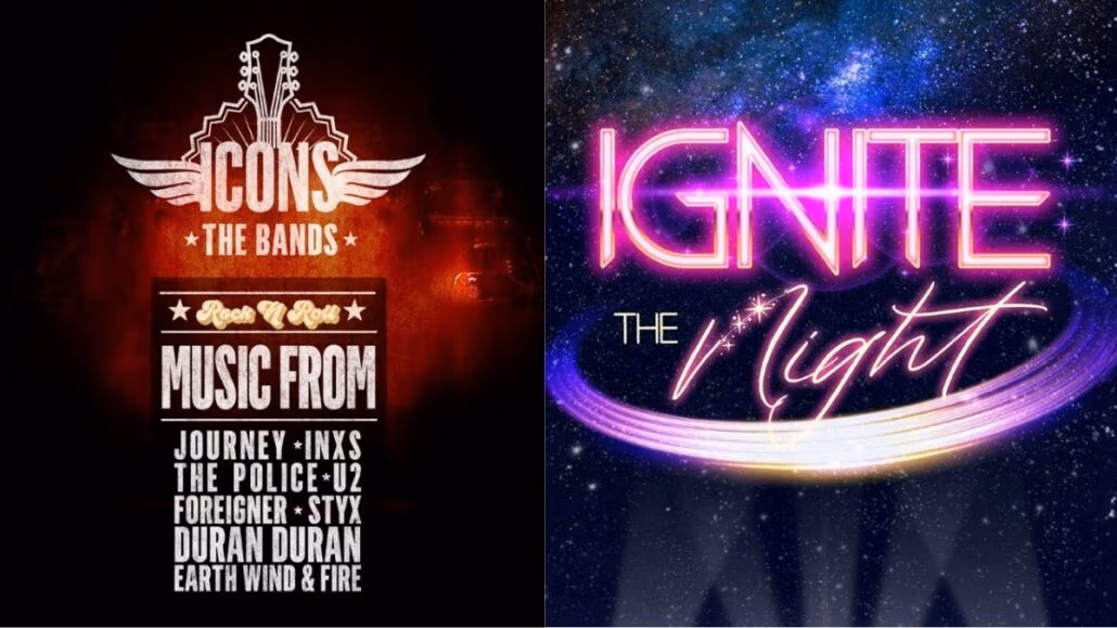 On the left, a poster lists bands like Journey, INXS, and U2 under a guitar logo for "Icons - The Bands." On the right, neon text reads "Ignite the Night - New Shows 2025," promising electrifying performances aboard Norwegian Cruise Line against a starry backdrop.