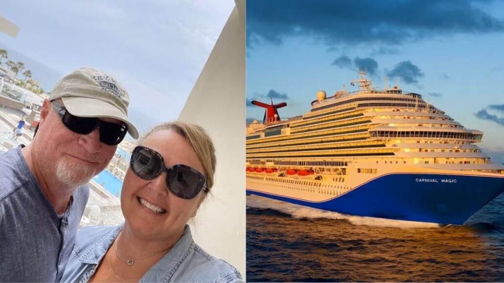 A man and woman wearing sunglasses are smiling outdoors, enjoying their time despite the case of missing luggage. Beside them, the grand cruise ship "Carnival Magic" sails on the ocean under a partly cloudy sky.