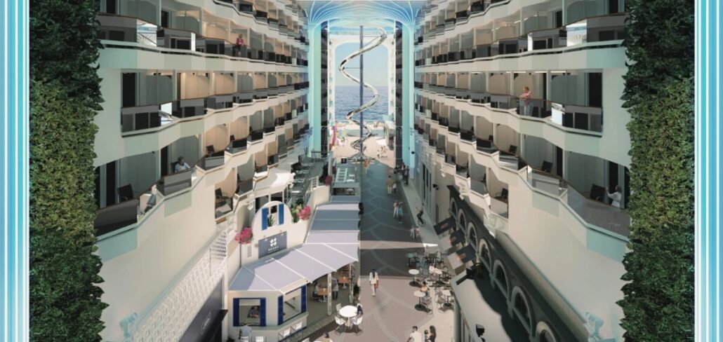 View of the MSC World America's central promenade featuring multiple decks with balconies, a long spiral slide, and various seating and dining areas. As the godmother of this magnificent vessel, Drew Barrymore ensures every detail enhances guests' ocean views.