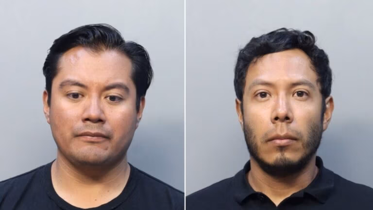 Two individual portrait photos placed side by side. Each shows a man with short, dark hair. The man on the left has smooth hair, while the one on the right has slightly wavy hair and a beard. Both are wearing dark shirts and have neutral expressions, as if caught in a charged moment.