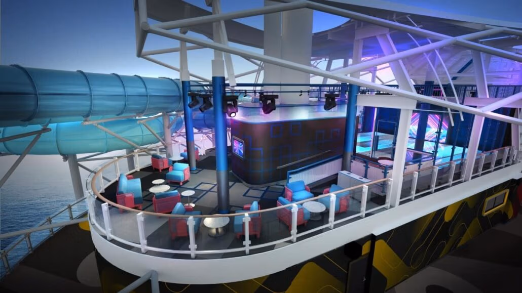 The Norwegian Luna's deck blends modern luxury with fun, featuring a thrilling water slide, cozy seating areas with round tables and chairs, and a covered section illuminated by electric blue and purple lights. Set against the endless ocean backdrop, anticipation builds for its 2026 launch.