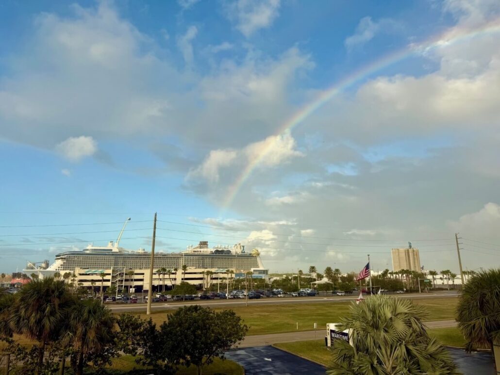 A large Royal Caribbean cruise ship is docked at the port under a partly cloudy sky. A colorful rainbow arcs above, stretching from the clouds toward the horizon. Palm trees and a grassy field are in the foreground, where a teenage boy gazes up in awe.