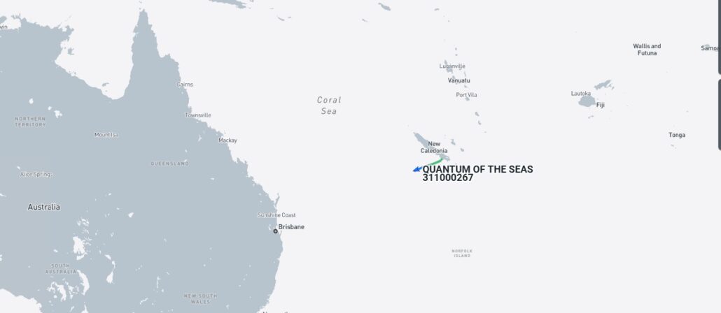 A map reveals a segment of the Pacific Ocean and Australia, noting "Quantum of the Seas" with number 311002067 near New Caledonia, east of Brisbane. Surrounding islands include Vanuatu, Fiji, and Tonga—destinations potentially affected by itinerary changes due to cyclones.