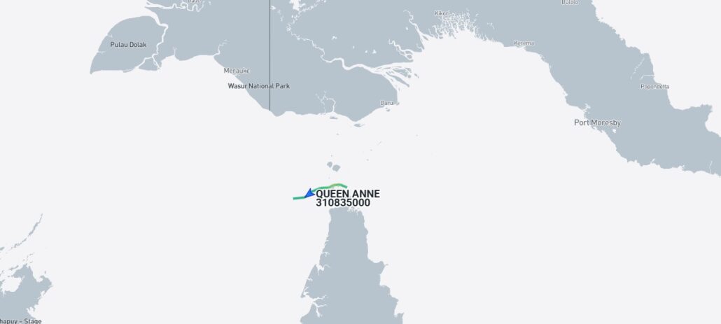 Map highlighting a location named "QUEEN ANNE" with the number 310853000. Nearby areas include Paula Dock, Macquarie, Wessell National Park, and Port McCloshy. Surrounded by various water bodies, QUEEN ANNE's itinerary changes might arise due to tropical cyclones in the region.