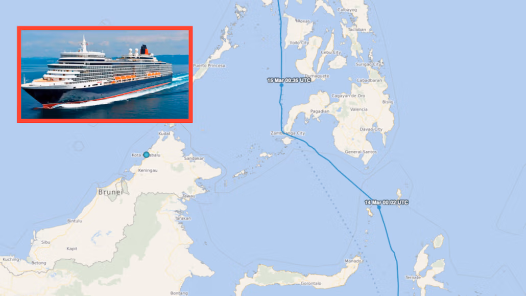 Map illustrating a cruise ship's route through pirate-prone waters between the Philippines and Borneo, with marked points on March 12 and 13, 2023. An image of this large cruise ship, highlighted in a red frame, is displayed in the top-left corner.