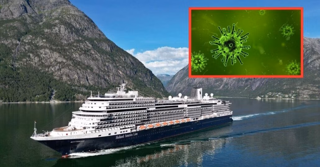 A cruise ship from Holland America sails through a scenic fjord with green mountains under a clear blue sky. An inset highlights a green virus illustration surrounded by a red border, hinting at a Norovirus outbreak onboard.