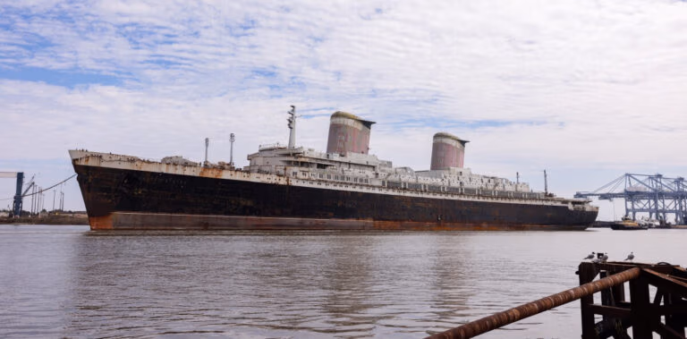 A large, rusted ocean liner resembling the SS United States with two smokestacks sits abandoned in a Florida County harbor. The sky is partly cloudy, and cranes are visible in the background. The water is calm, with a dock edging into the frame, hinting at its potential as a future reef site.