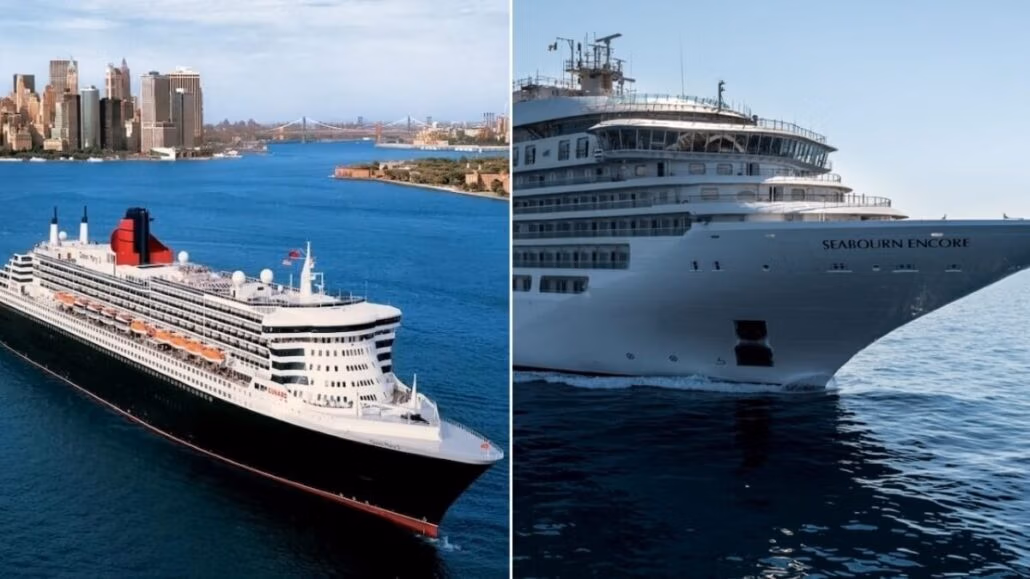 Split image of two luxury cruise ships: On the left, a majestic Cunard ship sails near a city skyline with a bridge; on the right, a close-up of Seabourn Cruises' elegant bow cutting through the open sea. Both are icons of leisure travel.