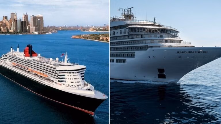 Split image of two luxury cruise ships: On the left, a majestic Cunard ship sails near a city skyline with a bridge; on the right, a close-up of Seabourn Cruises' elegant bow cutting through the open sea. Both are icons of leisure travel.