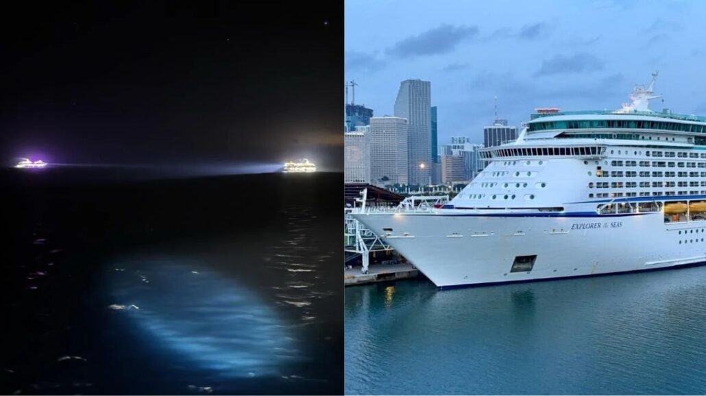 Left: A brightly lit cruise ship glides through the night, its lights shimmering on the water. Right: In daylight, an 80s-themed cruise ship is docked at the harbor, city buildings as its backdrop—a voyage undisturbed by any reported overboard incidents.