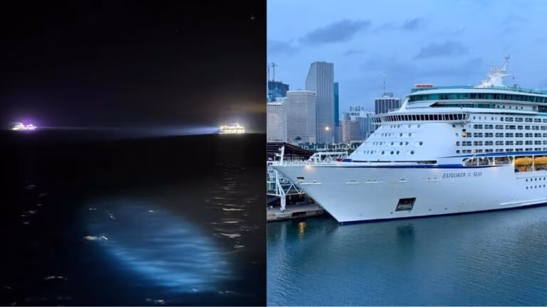 Left: A brightly lit cruise ship glides through the night, its lights shimmering on the water. Right: In daylight, an 80s-themed cruise ship is docked at the harbor, city buildings as its backdrop—a voyage undisturbed by any reported overboard incidents.