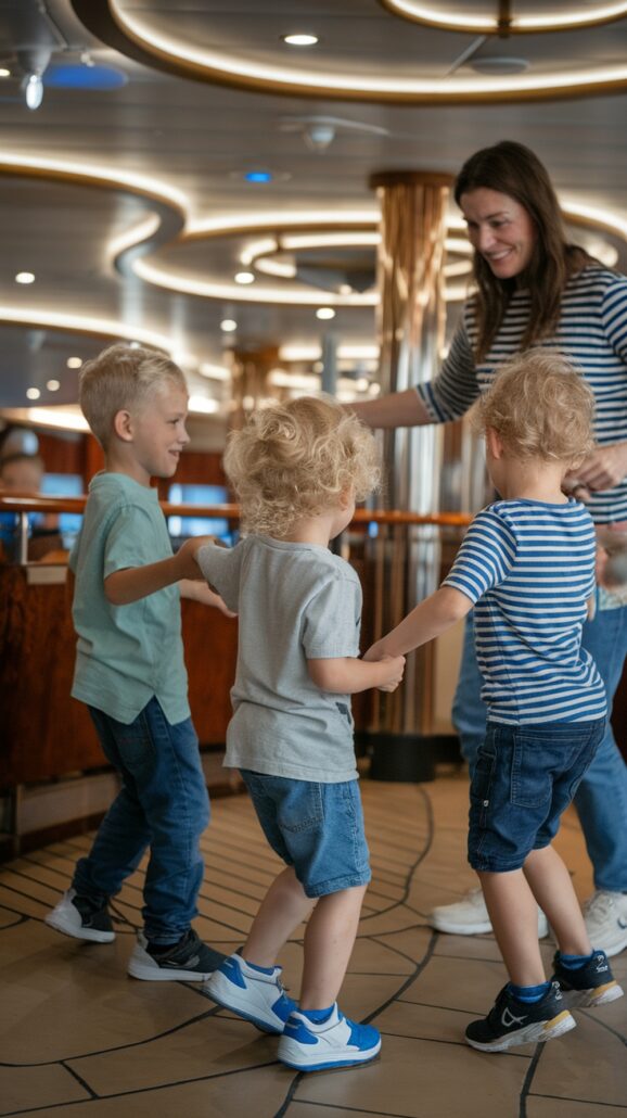 Three young kids in t-shirts and shorts, along with a woman in jeans and a striped shirt, hold hands in a circle. Indoors with modern circular ceiling lights, they appear to enjoy playful travel lessons, perhaps dreaming of adventures like a Caribbean cruise.