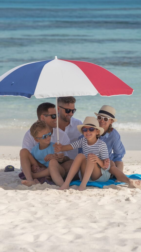 A family of four, basking under a large red, white, and blue umbrella on a sandy beach, exudes relaxation. Donning sunglasses and hats, they enjoy their time as part of an exciting Caribbean cruise itinerary. The ocean glistens in the background, completing their serene escape.