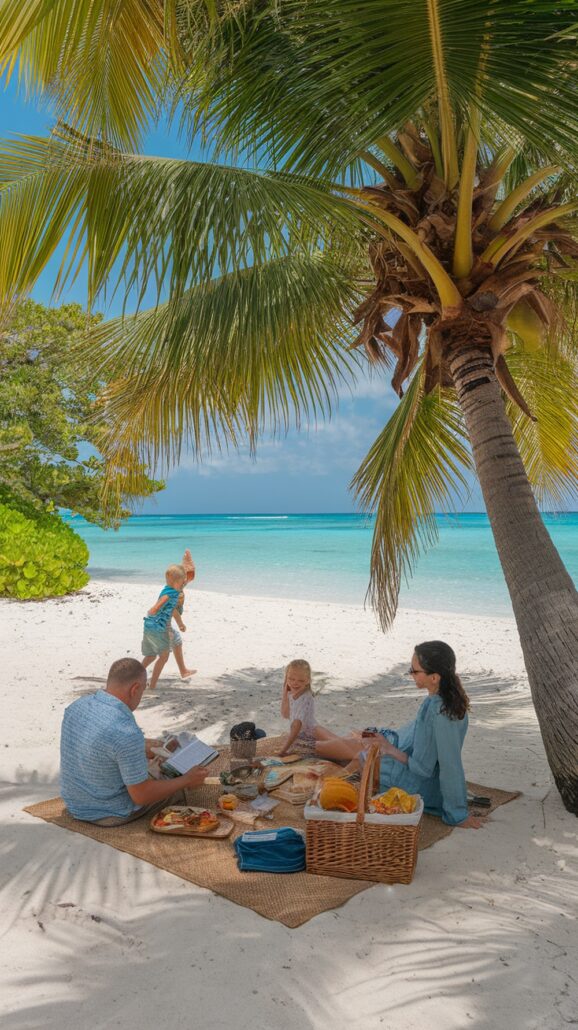 A family enjoys a stunning picnic on a tropical beach in the Caribbean Islands. Two adults sit on a mat with food, while a young child sits nearby. Another child plays in the sand under a palm tree. The ocean is calm and turquoise, with a clear blue sky above.