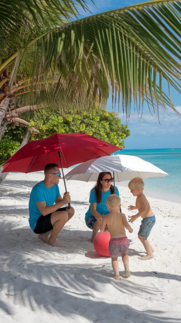 A family of four enjoys a sunny day on a Caribbean cruise stopover. An adult man and woman hold umbrellas for shade while sitting on the sand. Two young children, a girl and a boy in swimwear, play nearby with a beach ball. Palm trees and the ocean complete their idyllic family scene.