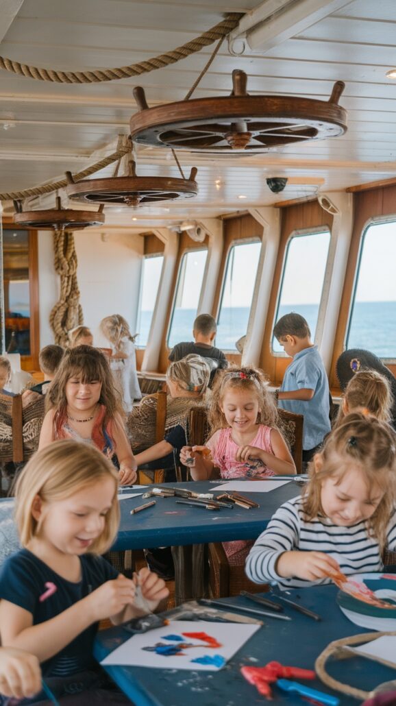 Children are seated around a table on a ship, engaging in arts and crafts during their Caribbean cruise. They appear to be painting, surrounded by nautical decor, while large windows reveal the sea—a perfect setting for unforgettable adventures for kids.