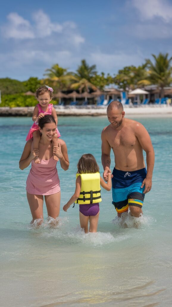 A woman carrying a small child on her shoulders and a shirtless man are enjoying the shallow, clear Caribbean waters. Another child in a yellow life jacket walks ahead. The idyllic setting, with palm trees and beach chairs under umbrellas, is perfect for family itineraries on a Caribbean cruise.