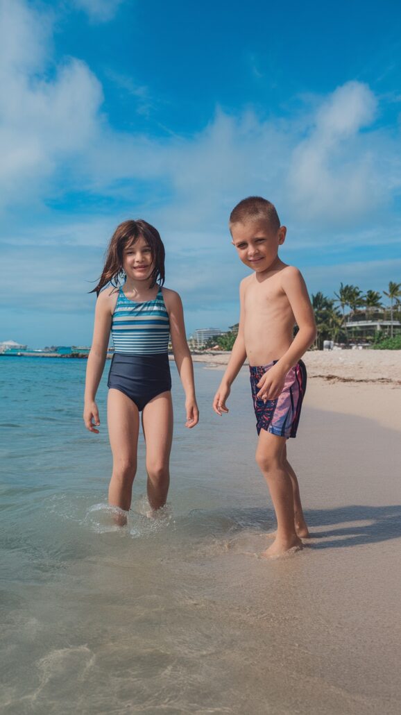 Two children stand on a sandy beach during a family Caribbean cruise, with gentle waves at their feet. The girl wears a blue swimsuit and the boy sports blue and pink swim trunks. In the background, palm trees sway along the shoreline under a blue sky dotted with clouds.
