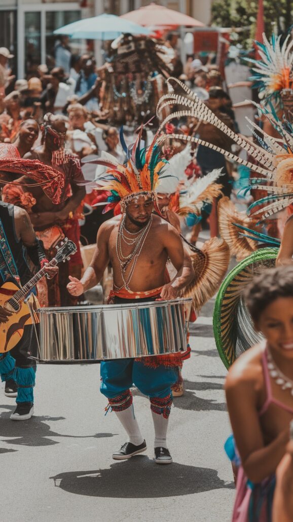 A man in colorful attire and a feathered headdress plays a large steel drum in a lively outdoor parade, evoking the vibrant spirit of the Caribbean Islands. Others around him wear stunning costumes, and the street is filled with people, reminiscent of festivities on a family cruise.