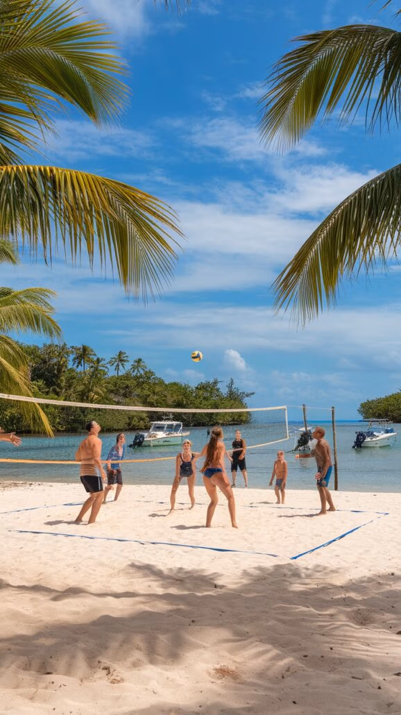 People are enjoying a game of beach volleyball on a sandy court surrounded by palm trees, a perfect family bonding activity. Boats drift on the water under the clear blue sky, evoking the lively spirit of a Caribbean cruise.
