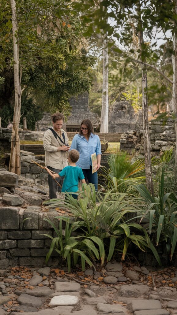 In a lush, green area dotted with stone ruins, two adults and a child stand surrounded by tall trees. As the adults discuss future family cruise itineraries, the child gazes up at them, soaking in the enchanting setting.