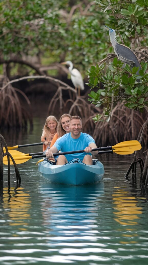 A family of three kayaks through a stunning, mangrove-lined waterway. The adults paddle while a young child sits between them. Birds perch in the trees along the path, capturing the essence of a peaceful Caribbean Islands adventure that everyone seems to be enjoying immensely.
