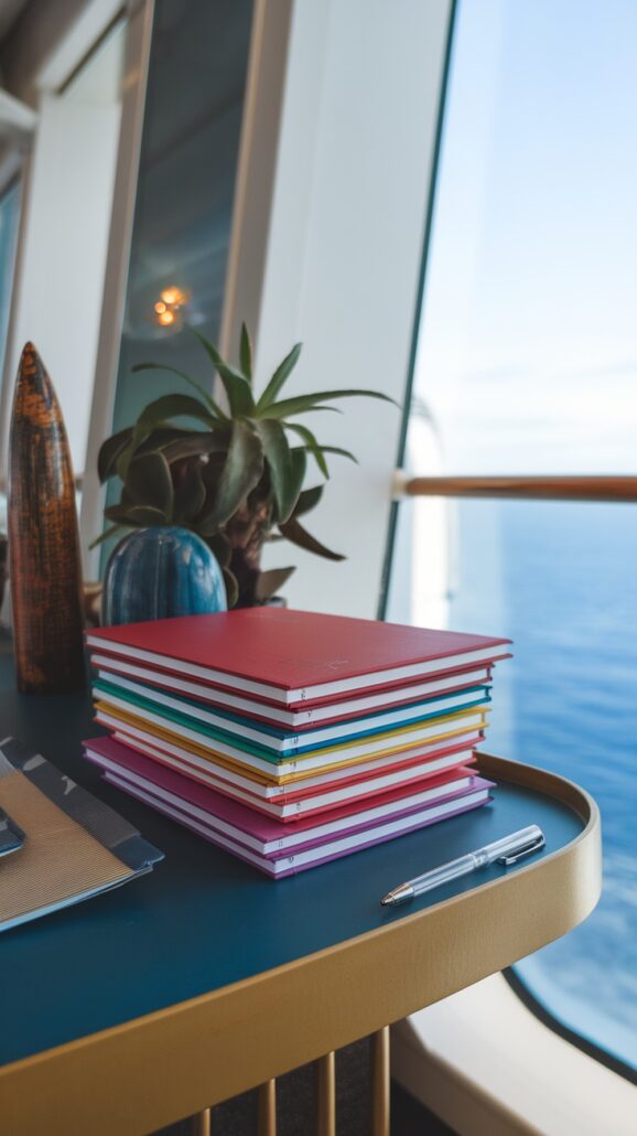 A pack of colorful notebooks sits beside a pen and some potted plants, quintessential must-have items on the table by the window. The scene offers a view of the ocean and clear blue sky, reminiscent of a serene family Caribbean cruise.