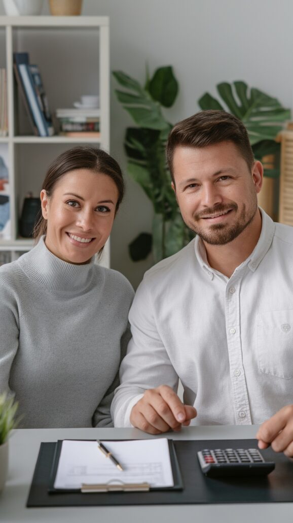 A woman in a gray sweater and a man in a white shirt sit at a table, smiling at the camera. A notepad, calculator, and pen are on the table—perhaps planning their next unforgettable Caribbean adventure. Bookshelves and plants create an inviting backdrop.