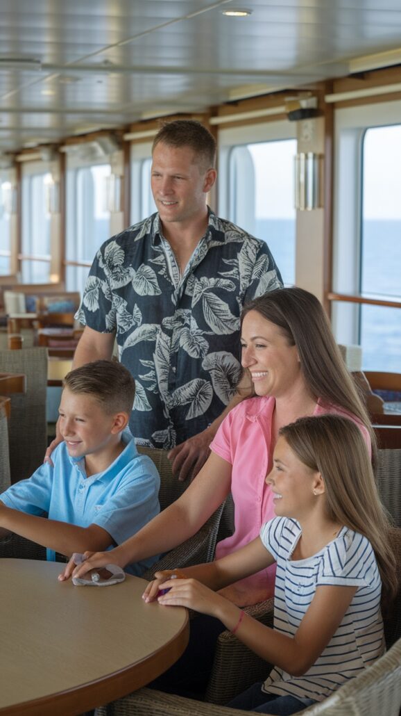 A family of four sits smiling at a table on their Caribbean cruise, strengthening family bonds. The parents stand behind their two children, a boy and a girl, casually dressed with the ocean visible through the windows as they look forward to upcoming activities.