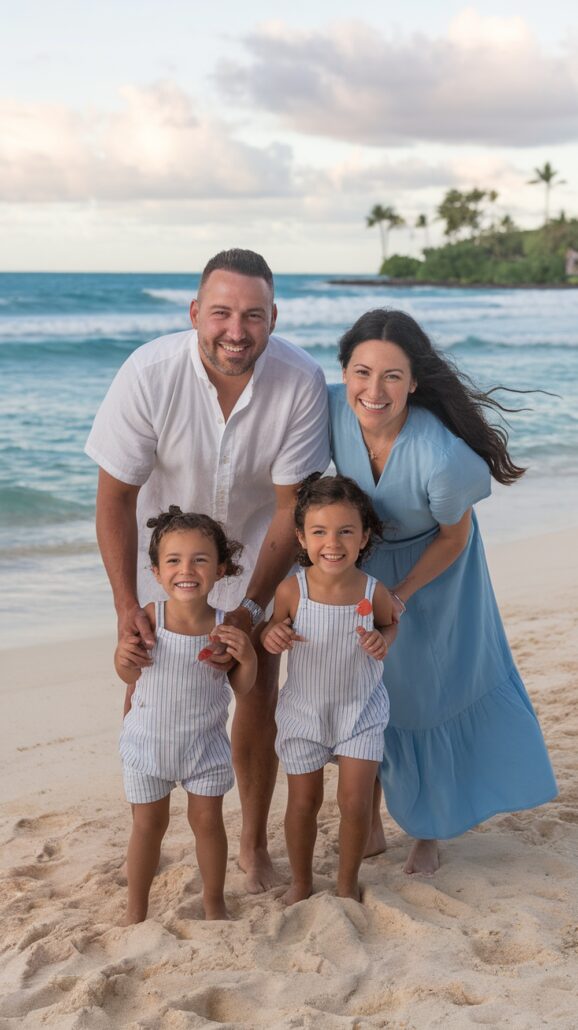 A family of four enjoys a sunny Caribbean beach, the ocean shimmering in the background. The man and woman smile warmly, with her in a light blue dress. Two children in matching striped outfits beam joyfully. Palm trees sway nearby, offering inspiring reasons to book a cruise adventure.