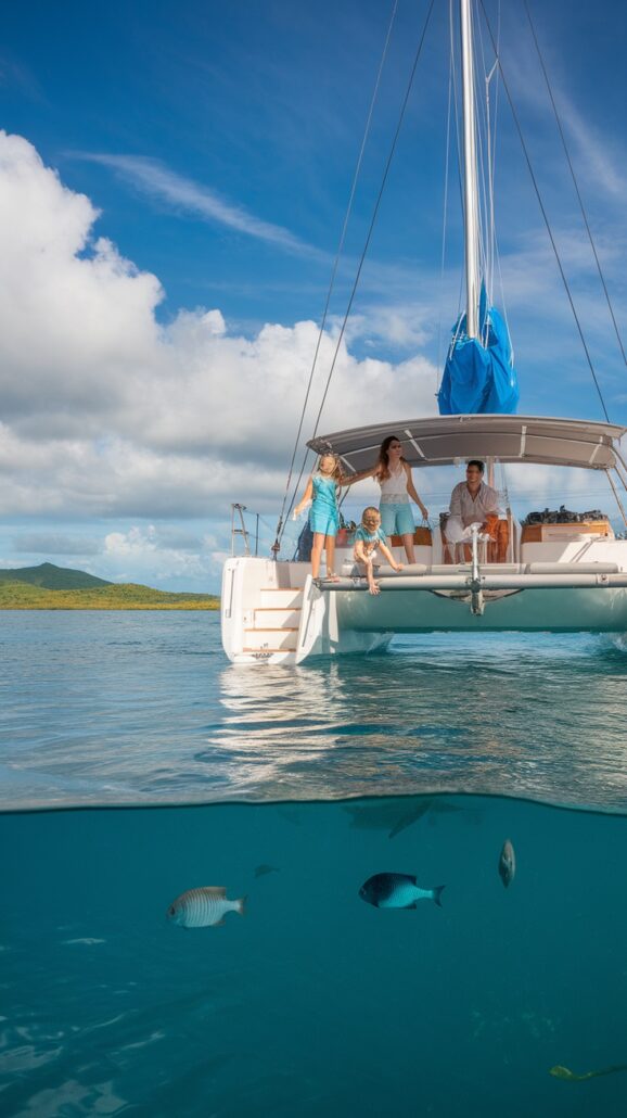 A family on a catamaran sailboat relishes a sunny day on the water, part of their amazing Caribbean cruise itinerary. Beneath the surface, fish glide through the clear blue sea as distant shorelines frame the view under a partly cloudy sky.