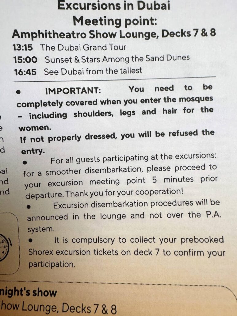 IMPORTANT: This excursion notice provides tour details and rules. Dress code for mosque entry: cover shoulders, legs, and wear headscarves for women. For a smooth disembarkation from the Celestyal Journey, wait at point 5 five minutes prior.
