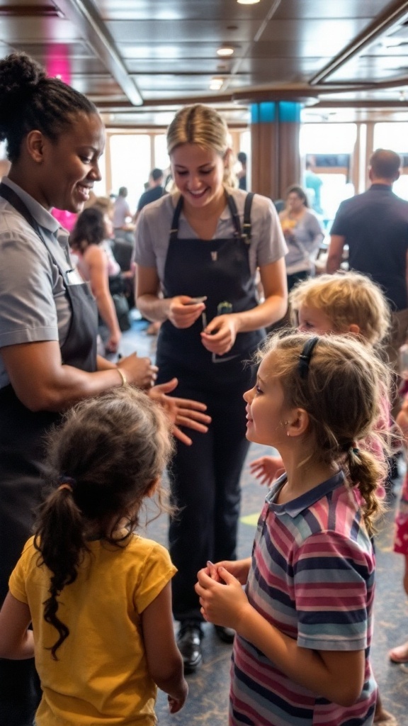 Two staff members engage with a lively group of kids in a room. Wearing dark aprons, they smile as they impart travel lessons, captivating the young audience. The casual indoor setting, reminiscent of a Caribbean cruise activity area, buzzes with the energy of others in the background.