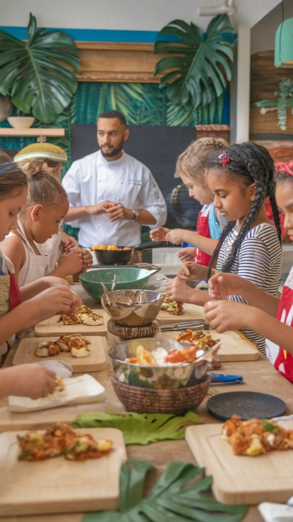 A group of children is gathered around a wooden table, embarking on unforgettable adventures as they assemble food with various ingredients in bowls. A chef in a white uniform, standing in the background, observes them. The setting is decorated with tropical plants and leaves, reminiscent of a Caribbean cruise.