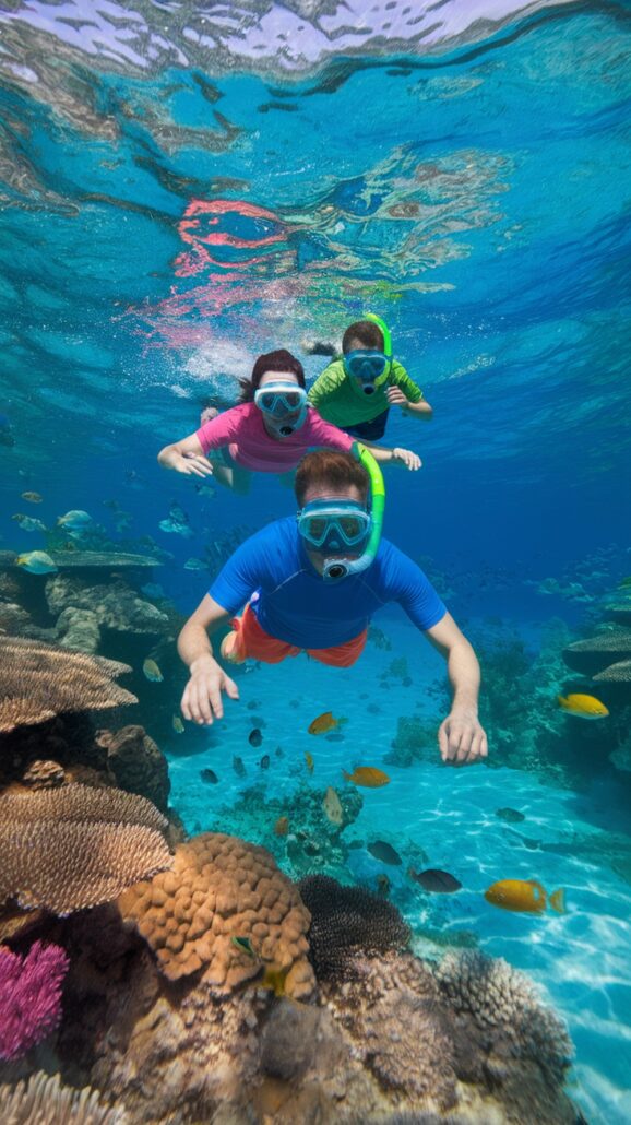 Three people snorkel underwater in a crystal-clear blue ocean, part of an unforgettable adventure on a Caribbean cruise. They wear snorkeling masks and brightly colored shirts, surrounded by vibrant coral and fish, with various colorful species swimming around.