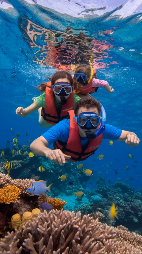 Three snorkelers in life vests explore vibrant fish and coral underwater, a perfect spot for families on Caribbean cruises. The clear blue water reveals diverse coral formations, creating unforgettable memories as part of any adventurous itinerary.