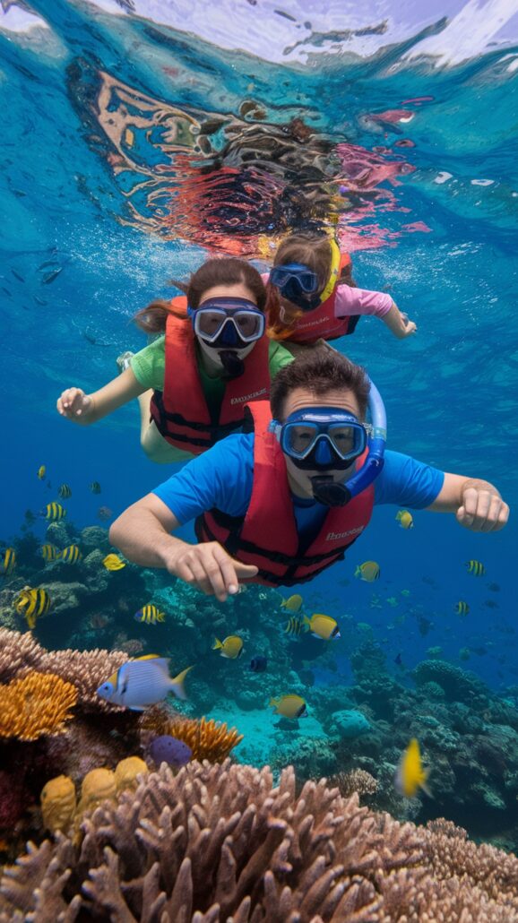 Three snorkelers in life vests explore vibrant fish and coral underwater, a perfect spot for families on Caribbean cruises. The clear blue water reveals diverse coral formations, creating unforgettable memories as part of any adventurous itinerary.