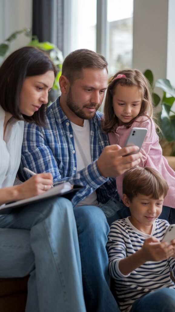 A family of four sits together indoors. An adult woman, perhaps crafting a mom's guide, takes notes on a clipboard while an adult man and two children look at smartphones. A large window and several potted plants are visible in the background.
