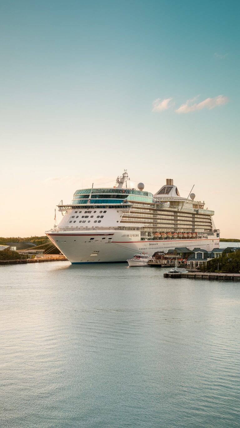 A large cruise ship, perfect for a stress-free family getaway, is docked at the port during sunset. The sky is clear with a few clouds, and the calm water glistens. This majestic ship awaits its Caribbean cruise journey amidst docks and trees silhouetted in the background.