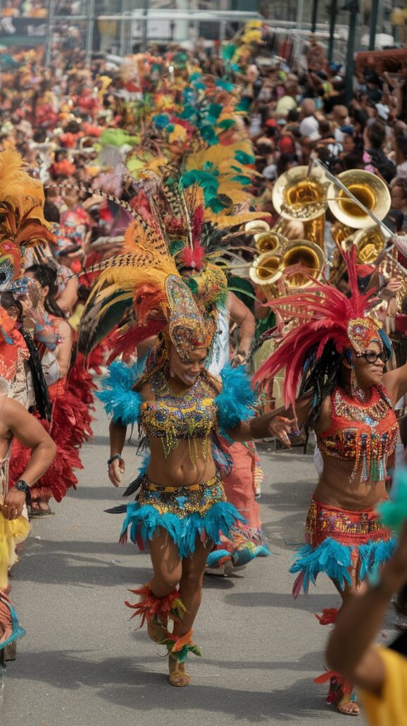 Parade participants wearing colorful feathered costumes with intricate beading march down a street, reminiscent of a Family Caribbean Cruise's vibrant festivities. Large brass instruments play as onlookers line the streets, soaking in inspiring reasons to book today for an unforgettable experience.