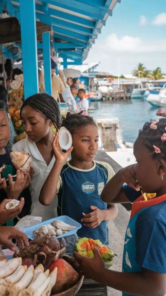 A group of kids on a Caribbean cruise explore an outdoor market by the water. One child holds a halved coconut to her ear, while others examine various fruits and items. Boats are docked in the background under a clear blue sky, offering some unexpected travel lessons.