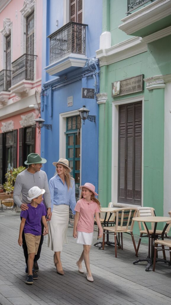 A cheerful family of four strolls down a narrow street with colorful buildings, perhaps exploring a stop on their Caribbean Cruise. The man sports a green hat, the woman a wide-brimmed beige one, the boy in white and the girl in pink. They smile brightly as outdoor café tables line the sidewalk.