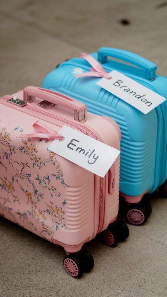Two must-have items for any family Caribbean cruise, these small rolling suitcases are on the ground. The front is pink with a floral design and labeled "Emily," while the blue one behind it is labeled "Brandon." Both feature convenient handles and wheels for easy packing.