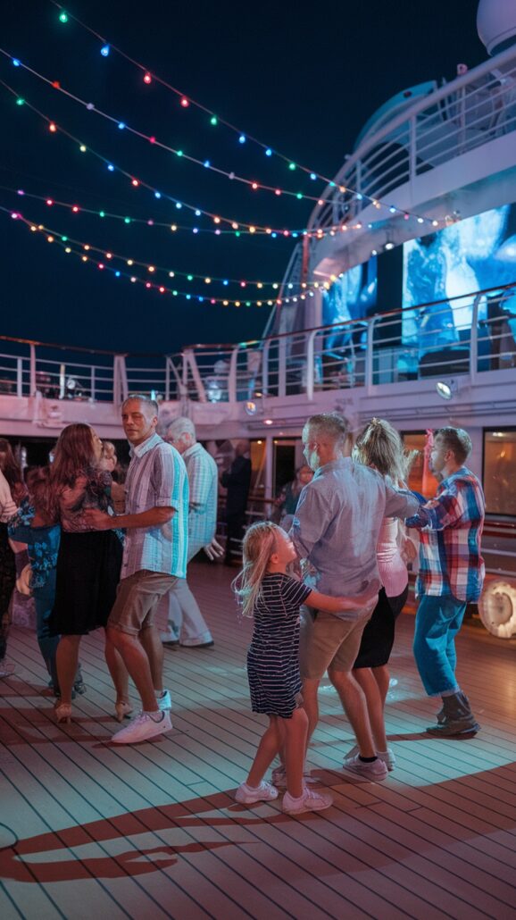 People are dancing on a ship's deck under colorful string lights during a Caribbean Cruise at night. The festive atmosphere brings families together, with adults and a child enjoying the moment. A large screen and railings add to the enchanting ocean backdrop.