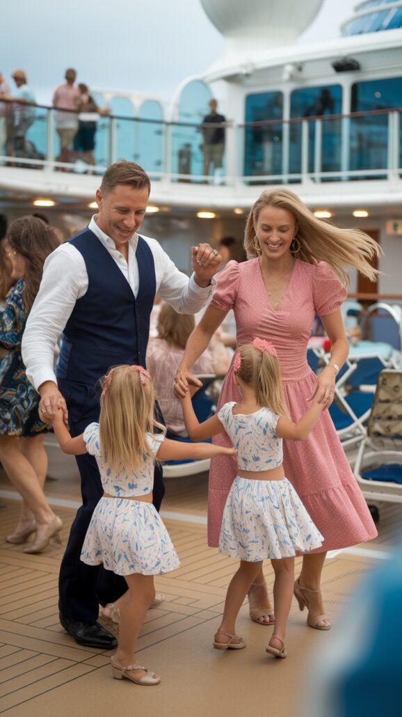 A family of four is joyfully dancing on the deck during their Caribbean cruise. The man, in a vest and pants, and the woman, in a pink dress, groove with their daughters wearing matching outfits. Other passengers enjoy onboard activities from a higher level in the background.