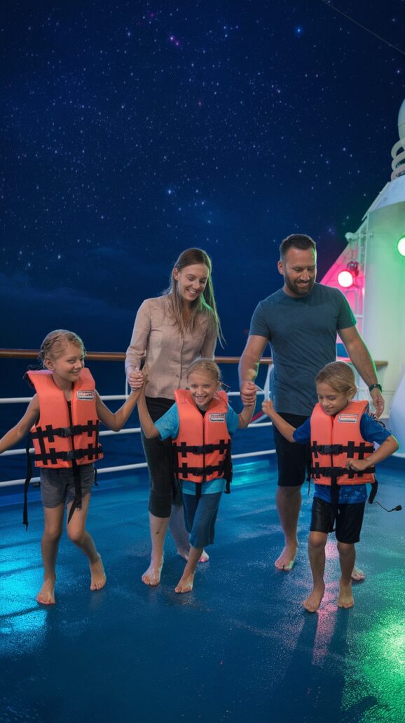 Under a starry night sky, a family of five embarks on unforgettable adventures aboard a Caribbean cruise. As the children, donning orange life vests, stroll barefoot on the ship deck alongside their parents, excitement fills the air during these serene adventures for kids and adults alike.