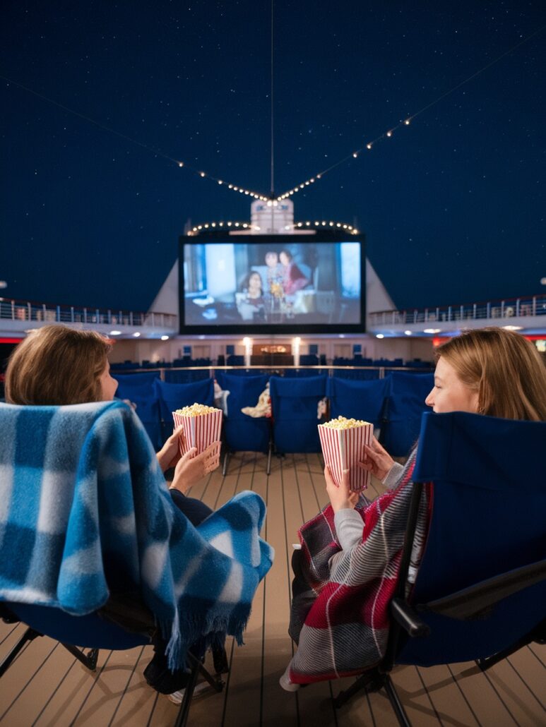 Two people sitting in blue chairs on a Caribbean cruise's deck enjoy an unforgettable adventure as they watch a movie on a large outdoor screen at night. Wrapped in blankets and holding striped popcorn boxes, they admire the stars twinkling brightly above.